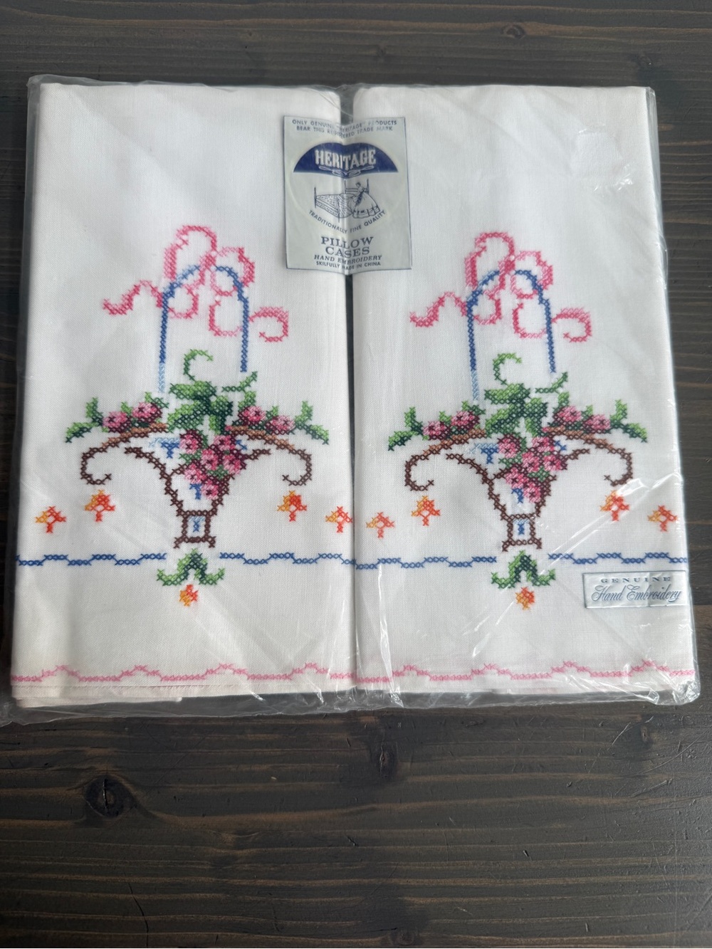 Vintage unopened  Heritage brand hand embroidered pillowcases🌸